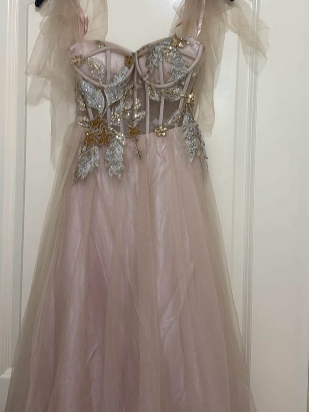 GB girls Blush Pink Tulle Prom Dress with Gold & Silver Embellishments